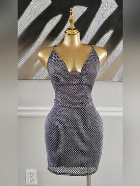 Forever 21 Women’s Medium Metallic Mesh Mini Dress Cowl Neck Open Back Y2K